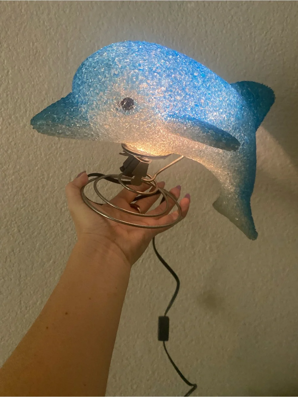 Vintage Dolphin Night Light Lamp Blue/White Corded Metal Spiral Base Y2K 90s kid
